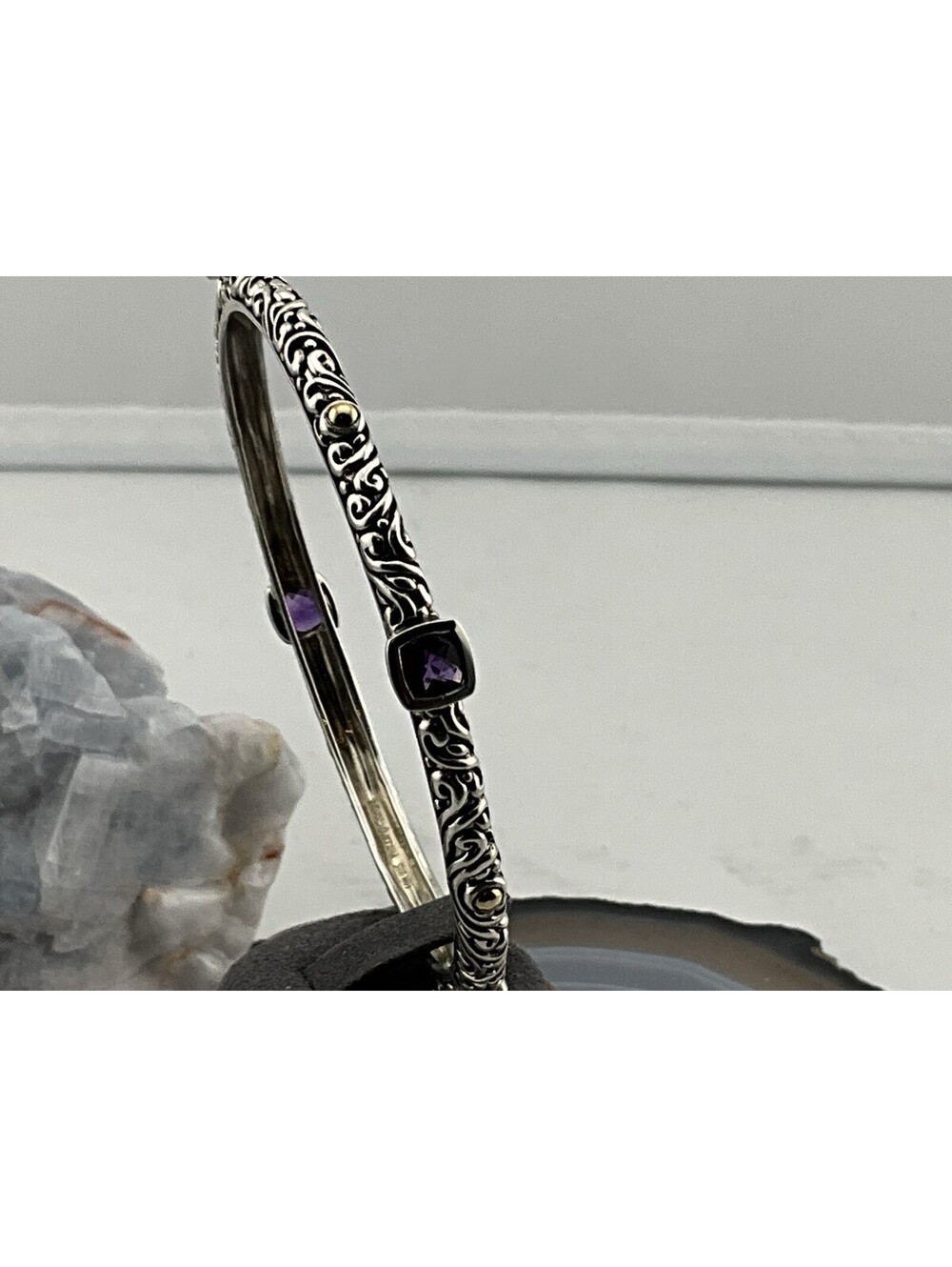 Signed PHILIP CAVRIEL 925 Sterling Silver & 18k Gold W/ Amethyst Stones Bangle